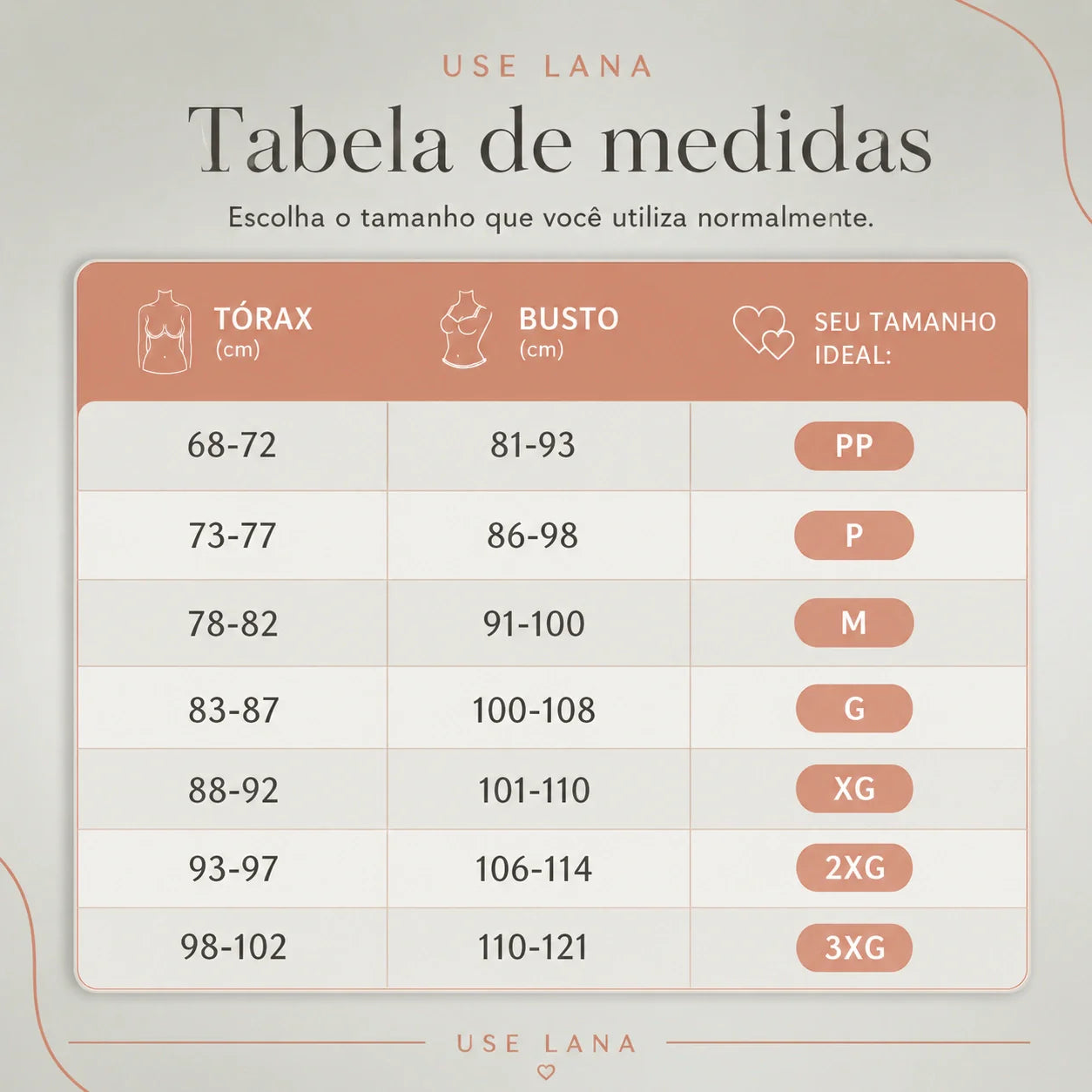 Use Lana - Tabela de Medidas para Sutiãs - Guia de Tamanhos PP ao 3XG