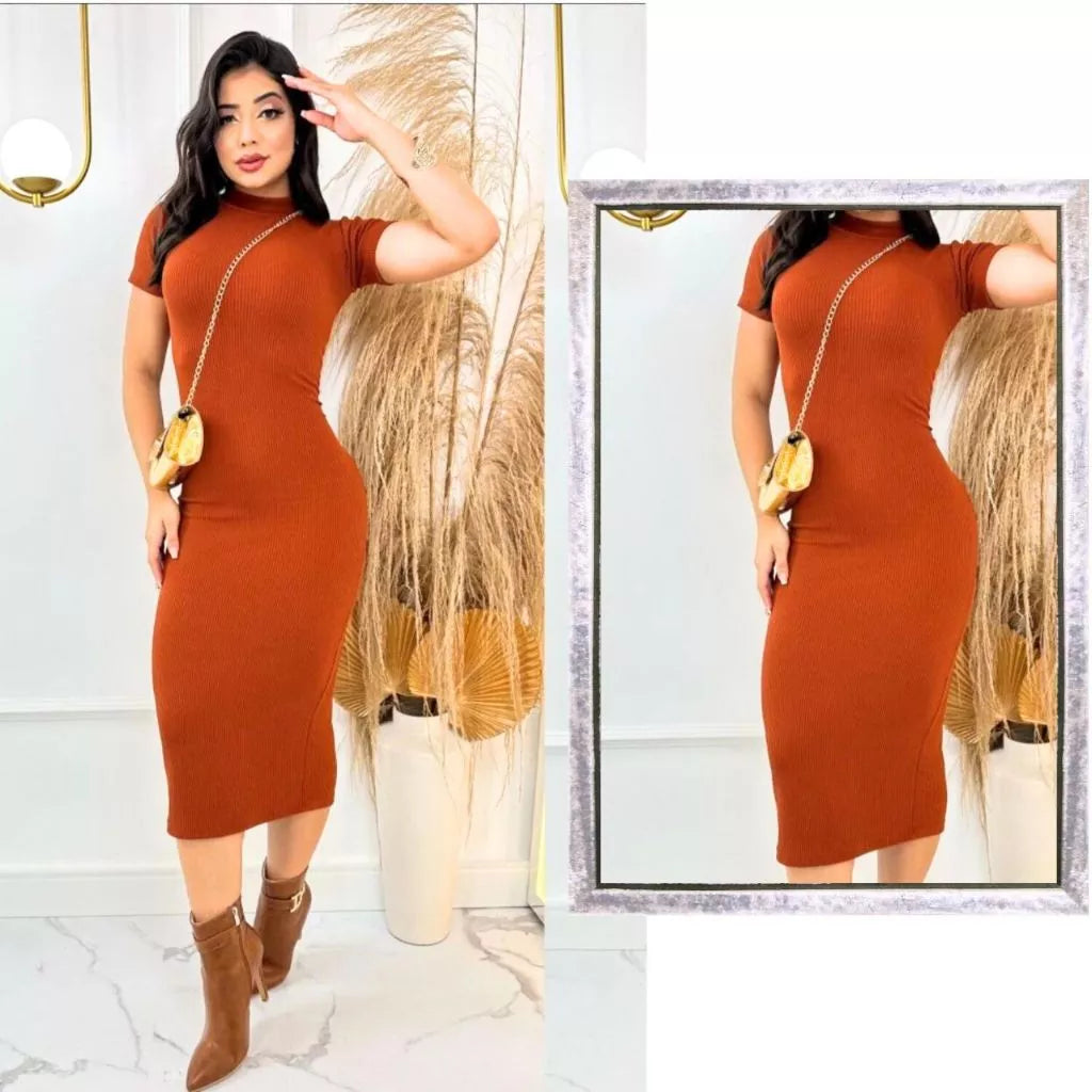 Vestido Aurora™ Midi Canelado com Mangas Elegantes