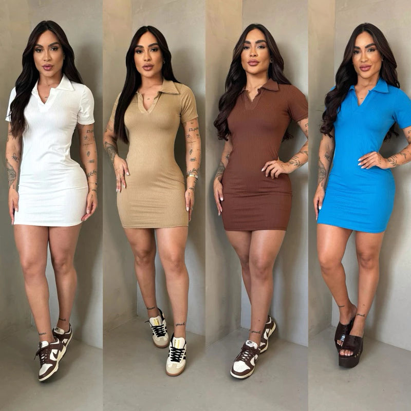 Vestido Gola Polo Feminino Canelado Midi Manga Curta Tubinho