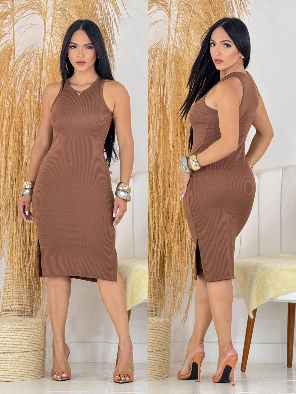 Vestido Serena™ Midi Canelado com Fenda Lateral
