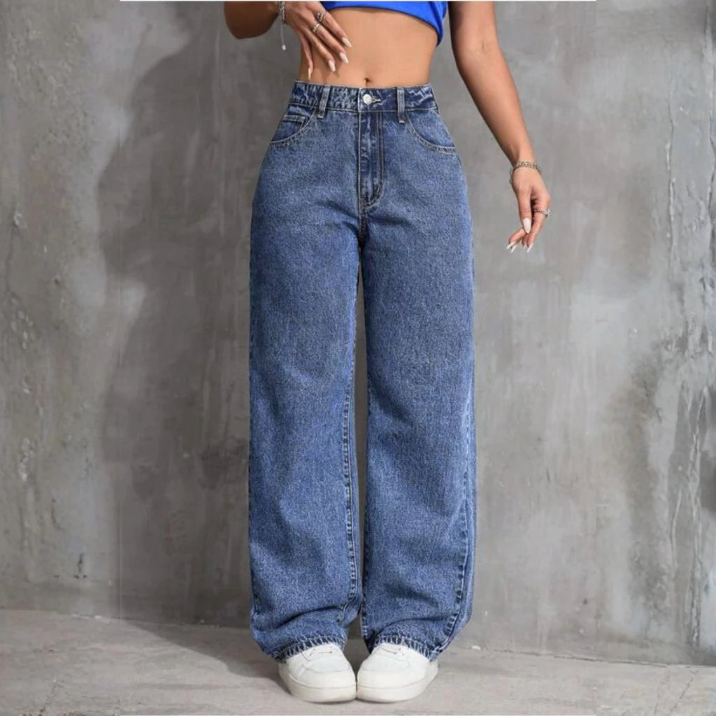 Calça Wide Leg Jeans Cintura Alta Feminina Use Lana azul escuro com modelagem moderna