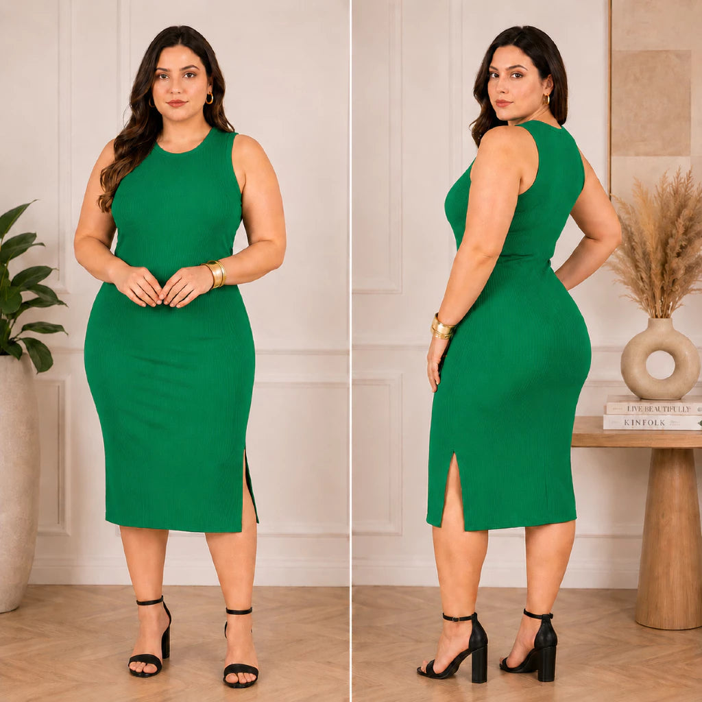 Vestido Luna™ Midi Canelado com Fenda Lateral