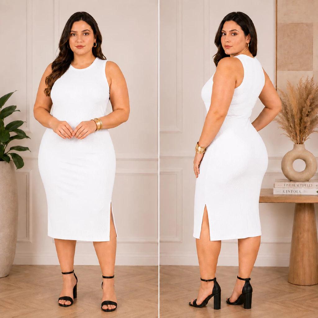 Vestido Luna™ Midi Canelado com Fenda Lateral