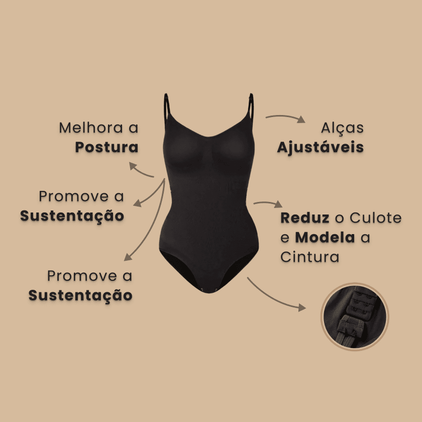 Detalhes técnicos do body modelador Elite Shape feminino mostrando tecido premium respirável sem costura aparente