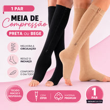 Meia de compressão com zíper lateral nas cores preta e bege.