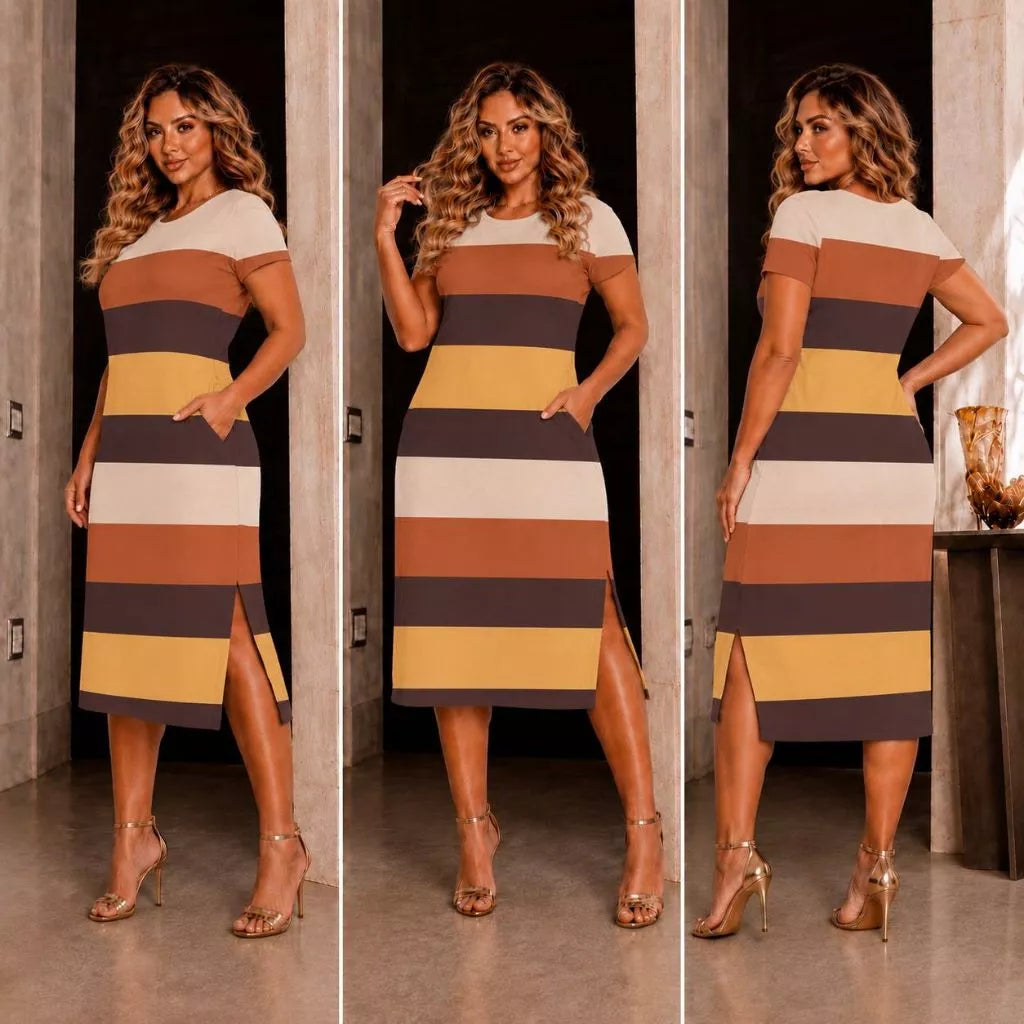 Vestido Midi Feminino Casual com Fenda Lateral e Bolsos
