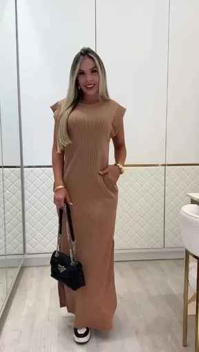Vestido Malibu™ Longo Canelado com Manga Muscle