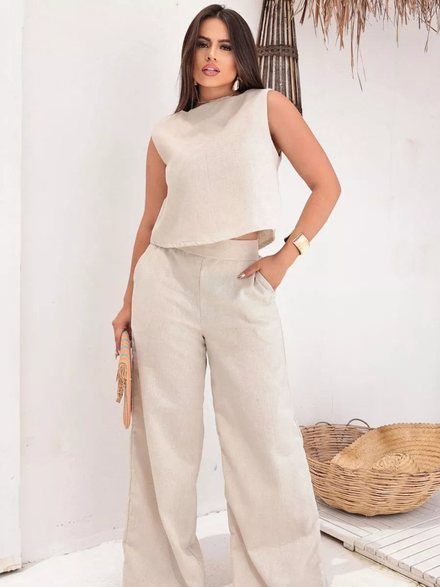 Conjunto Firenze™ em Linho com Calça Pantalona e Blusa Elegante