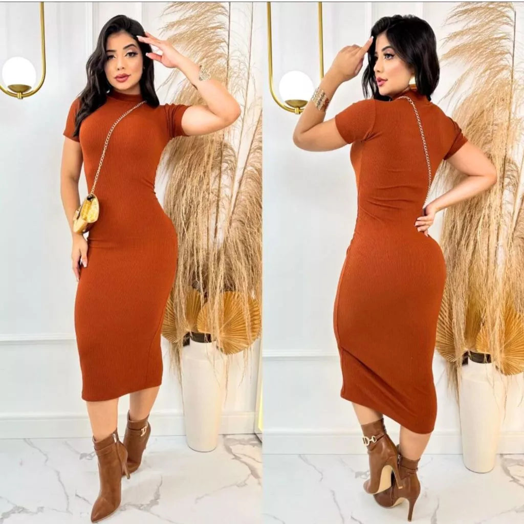 Vestido Aurora™ Midi Canelado com Mangas Elegantes
