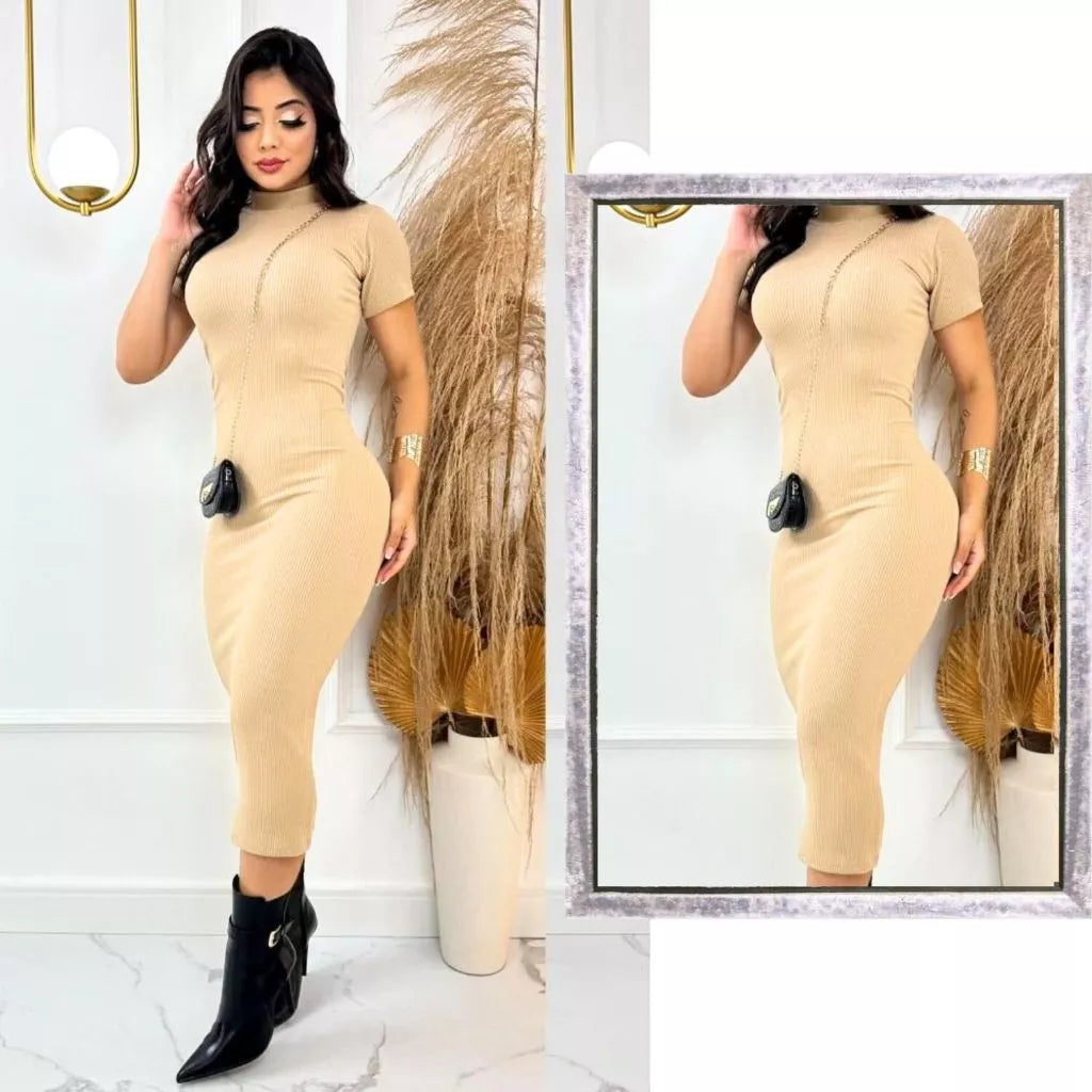 Vestido Aurora™ Midi Canelado com Mangas Elegantes