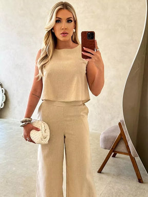 Conjunto Firenze™ em Linho com Calça Pantalona e Blusa Elegante