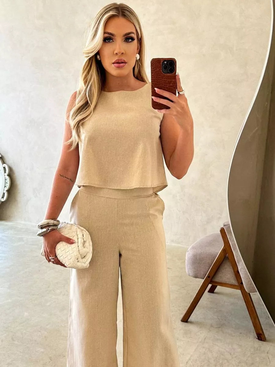 Conjunto Firenze™ em Linho com Calça Pantalona e Blusa Elegante