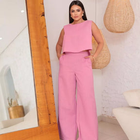Conjunto Firenze™ em Linho com Calça Pantalona e Blusa Elegante
