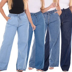 Calça jeans feminina wide leg cintura alta Charlotte cor azul marinho, modelagem pantalona