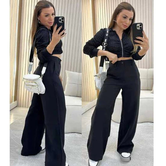 Calça pantalona alfaiataria feminina preta com bolsos funcionais, modelo Firenze com caimento elegante