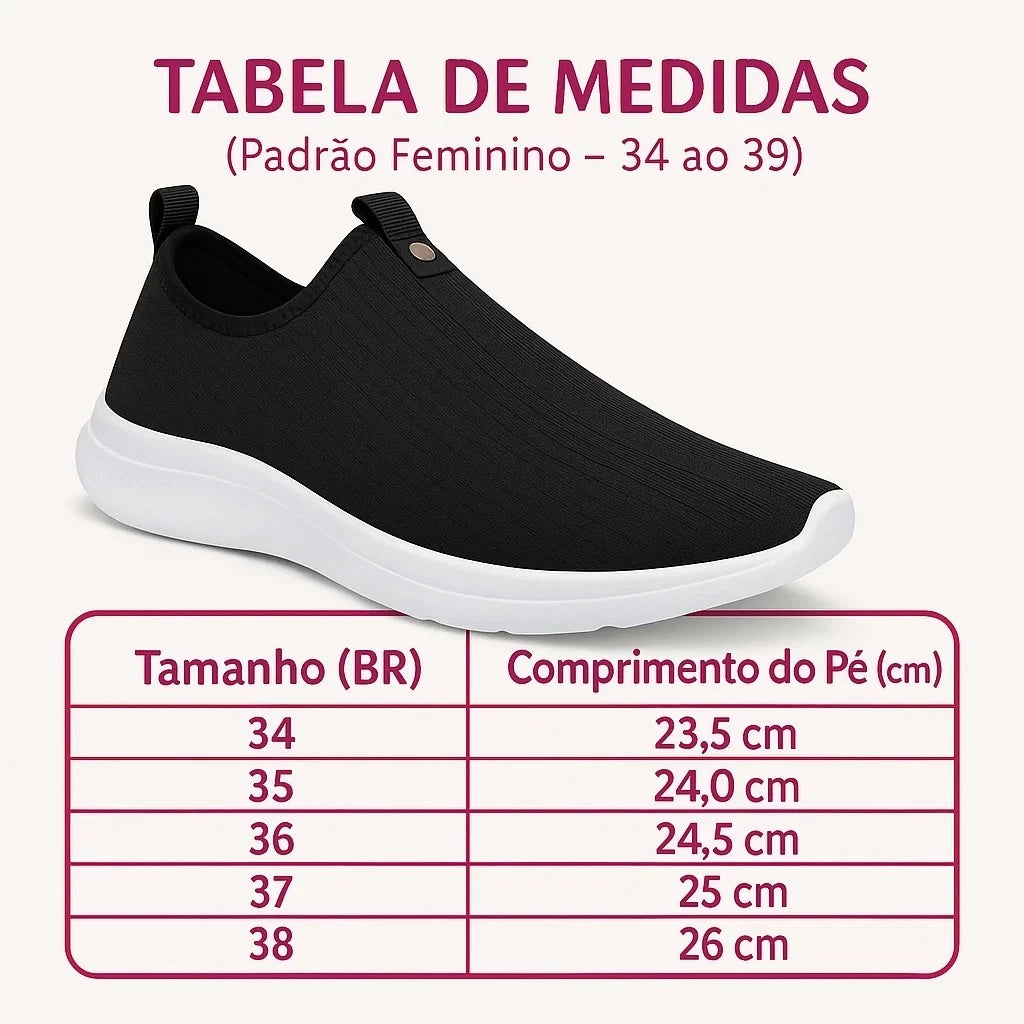 Tabela de Tamanhos Tênis Ortopédico Feminino ComfortShine™ Calce Fácil Sem Cadarço com Strass