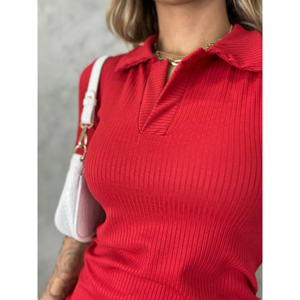 Vestido Gola Polo Feminino Canelado Midi Manga Curta Tubinho - imagem 7