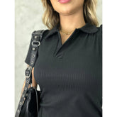 Vestido Gola Polo Feminino Canelado Midi Manga Curta Tubinho - imagem 5