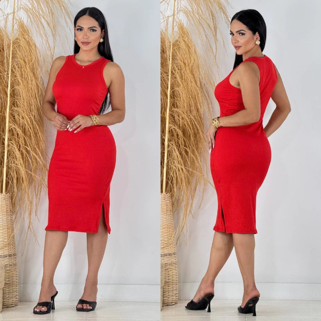 Vestido Serena™ Midi Canelado com Fenda Lateral