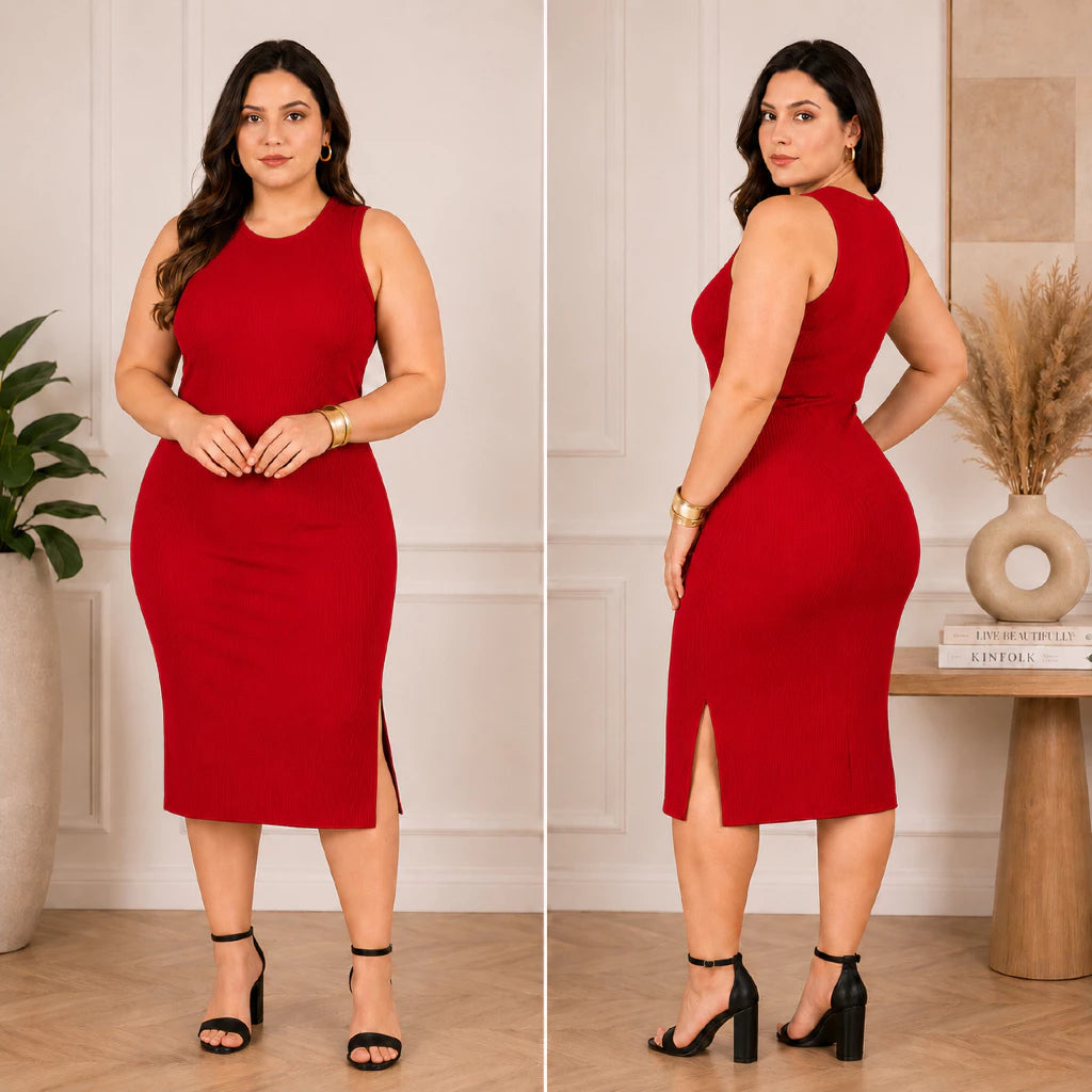 Vestido Luna™ Midi Canelado com Fenda Lateral