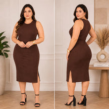 Vestido Luna™ Midi Canelado com Fenda Lateral