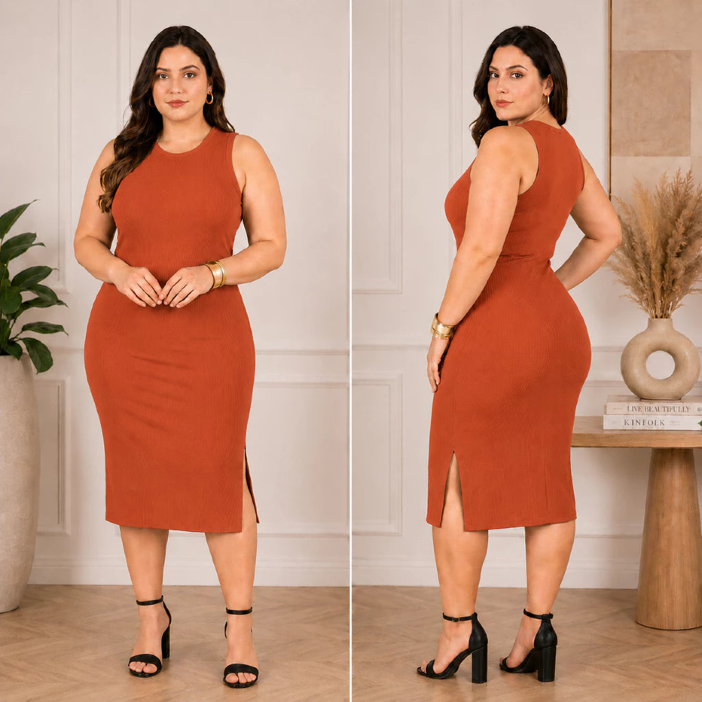 Vestido Luna™ Midi Canelado com Fenda Lateral