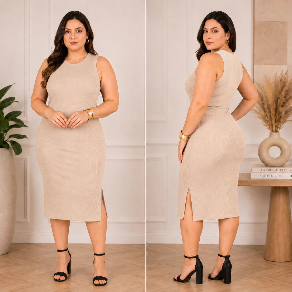 Vestido Luna™ Midi Canelado com Fenda Lateral