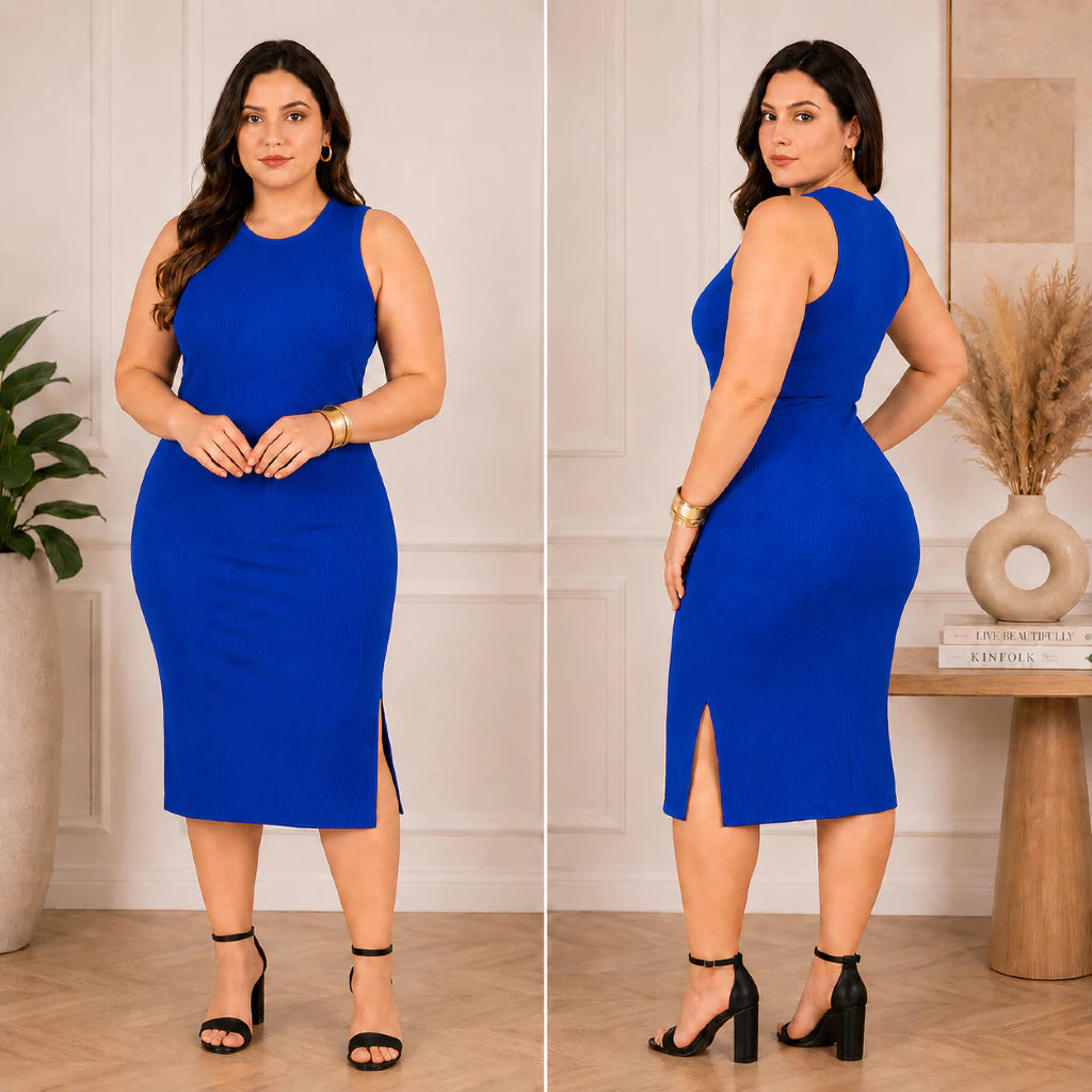 Vestido Luna™ Midi Canelado com Fenda Lateral