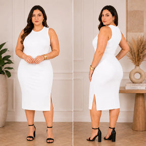 Vestido Luna™ Midi Canelado com Fenda Lateral