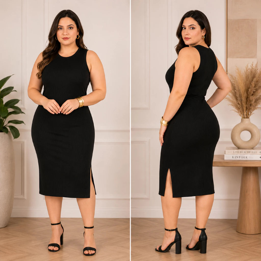 Vestido Luna™ Midi Canelado com Fenda Lateral