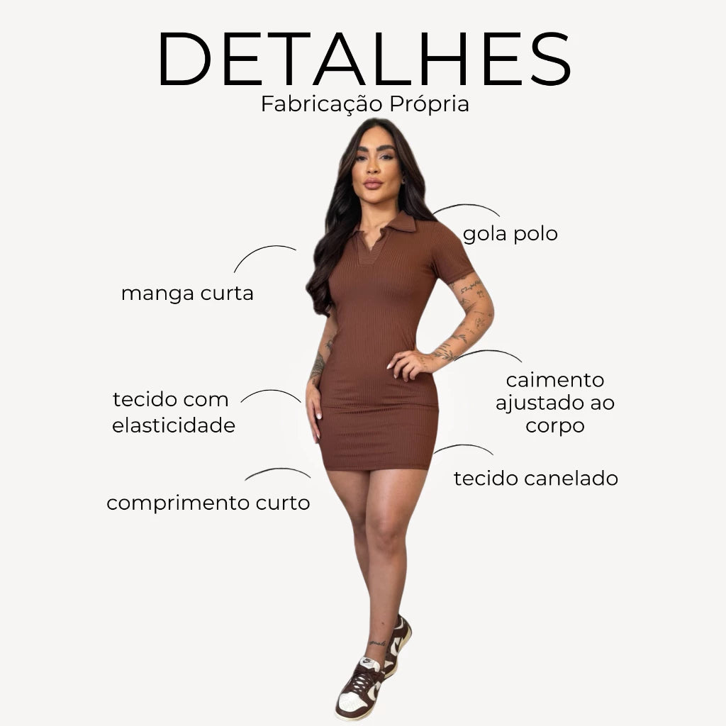 Modelagem ajustada tubinho do vestido gola polo em malha canelada